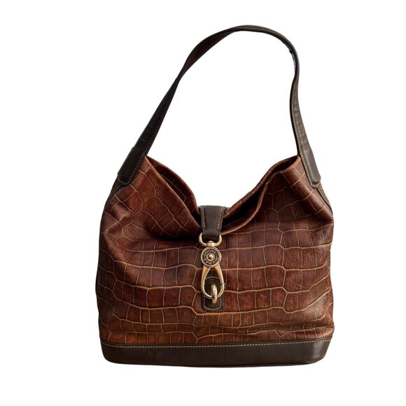 Dooney & Bourke Croco Embossed Leather Hobo Shoulder Bag Brown Preppy Classic - Picture 1 of 11